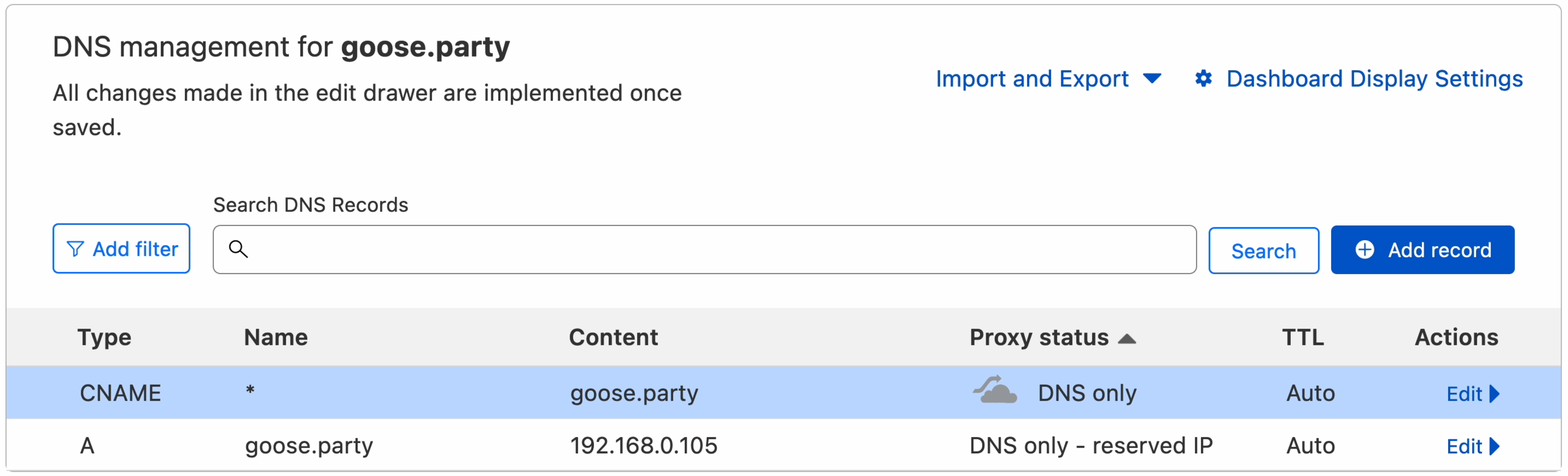 An example CNAME record for the subdomains using Cloudflare