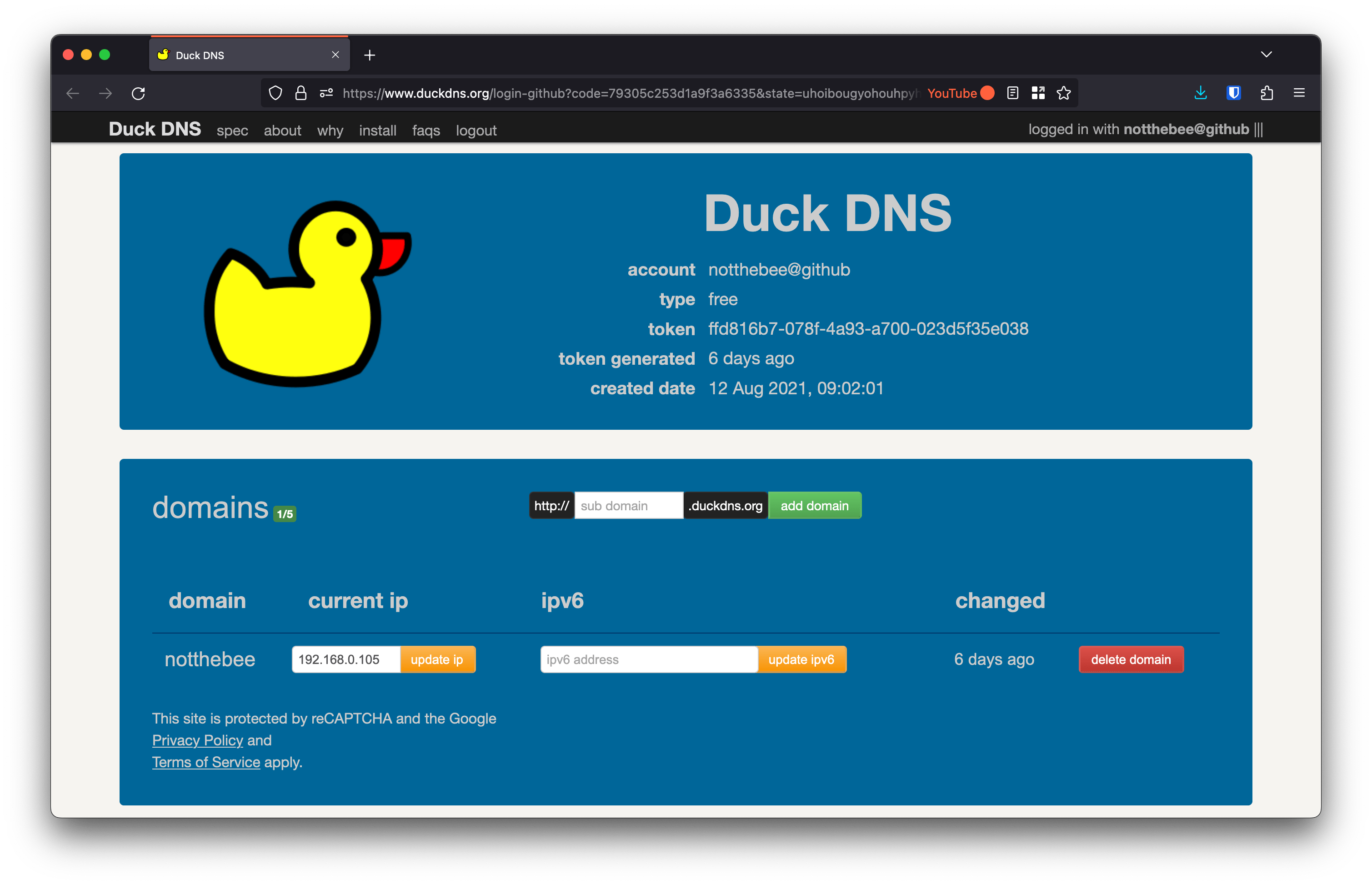 DuckDNS domain creation
